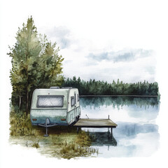 serene lakeside scene featuring vintage caravan by water, surrounded by trees