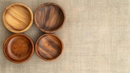 Four beautifully crafted wooden bowls arranged on a textured linen surface, showcasing natural patterns