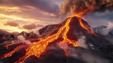 Glowing Lava Flowing Down Dark Mountainside During Sunset Eruption
