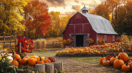 Seasonal farm scene with pumpkin patches and fall decorations around the barn
