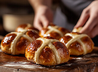 Close-up of traditional Hot Cross Buns, golden brown and fluffy, freshly out of the oven. A classic spiced bread roll enjoyed during Easter celebrations