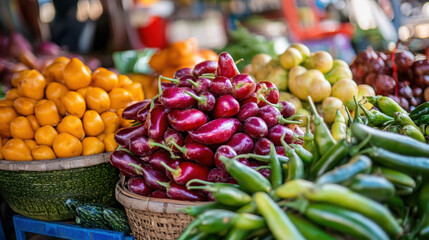 Close-up of vibrant Thai vegetables and fruits displayed at a local farm market