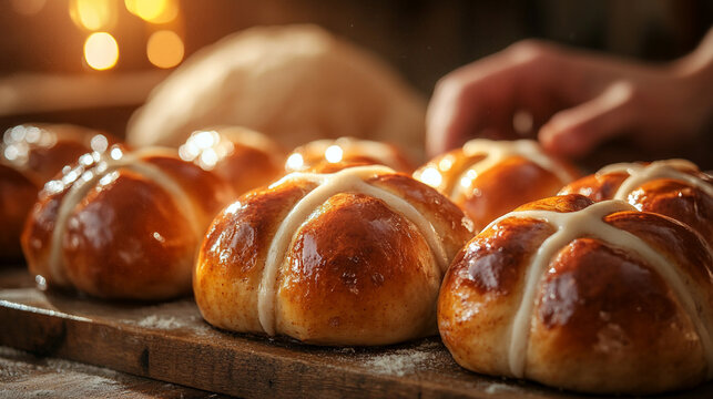 Close-up of traditional Hot Cross Buns, golden brown and fluffy, freshly out of the oven. A classic spiced bread roll enjoyed during Easter celebrations