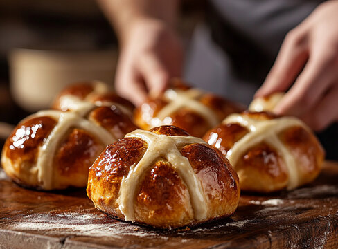Close-up of traditional Hot Cross Buns, golden brown and fluffy, freshly out of the oven. A classic spiced bread roll enjoyed during Easter celebrations