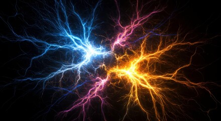 Electric Symphony: An electrifying display of colored lightning bolts converge and dance against a dark backdrop, symbolizing energy and power.