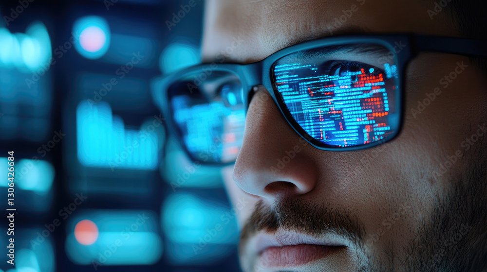 Poster entrepreneur analyzing digital data charts for business growth insights in a focused environment wit
