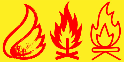 Three red flame illustrations on a yellow background, each with a distinct style, showcasing fire imagery.