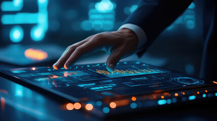 Empowering corporate growth business executive utilizes smart digital tools for financial data visualization in modern work environments for strategic decision-making