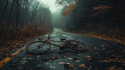 A dark, moody image of an old bicycle abandoned on a rain swept road through an autumnal forest. The atmosphere is mysterious and slightly