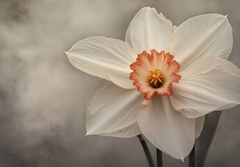 Fototapeta premium Close up of a single pale daffodil with orange red center, delicate petals, and soft lighting against a muted gray background