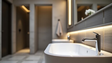 Serene Modern Bathroom Interior with Elegant Fixtures and Soft Lighting