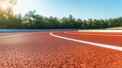 Obraz premium Empty Running Track Curve in Outdoor Stadium Under Clear Blue Sky 