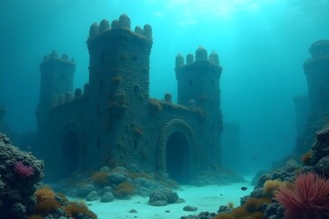 A lost city submerged in the ocean, its towers covered in coral and sea life.