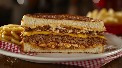 Indulge in a Delicious Grilled Cheese Sandwich with Juicy Beef Patty and Cheddar
