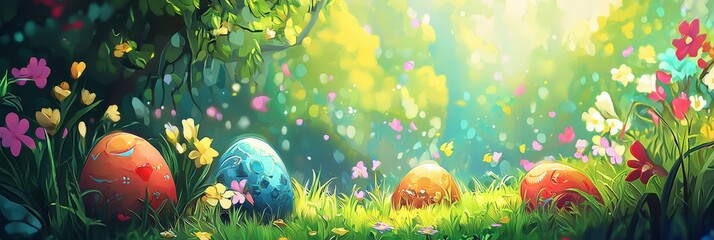 Colorful eggs in a lush garden with sunlight and flowers