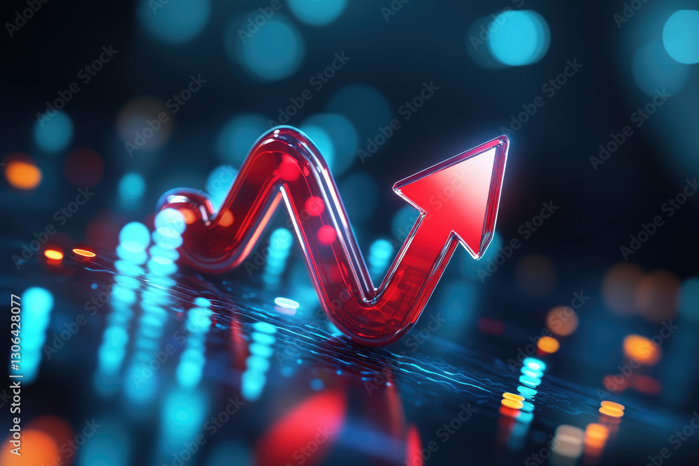 Poster accelerating financial growth with dynamic red arrow through abstract economic data and creative wea
