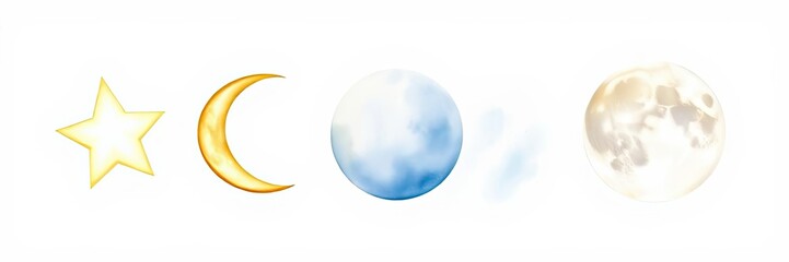 Celestial Bodies Star Crescent Moon Full Moon Phases Night Sky Watercolor
