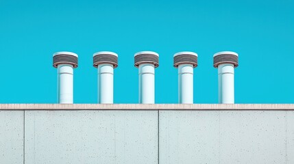 Industrial Chimneys Against Bright Blue Sky Above Concrete Wall