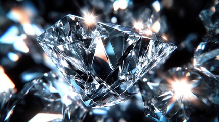 Large diamond glistening among smaller diamonds on dark background