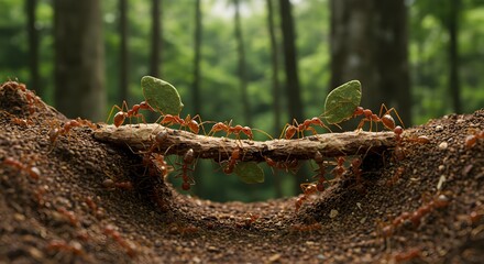 Fototapeta premium Leafcutter Ants Working Together to Transport Leaves Across a Bridge in the Forest