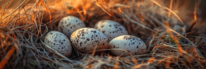 Nest of speckled eggs resting in grass under warm light