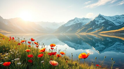 Serene Mountain Lake with Vivid Poppies at Sunrise
