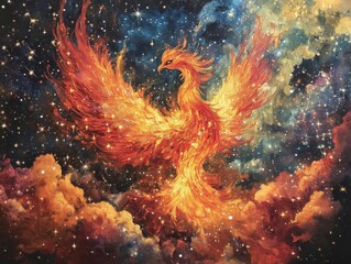 Craft a majestic celestial phoenix engulfed in fiery hues, rising from stardust clouds, embodying rebirth and resilience