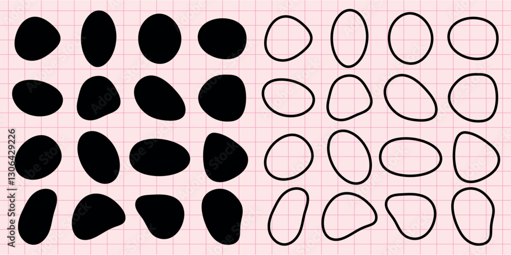 Poster abstract shapes on grid. black abstract shapes, filled and outlined, on a grid. geometric design wit