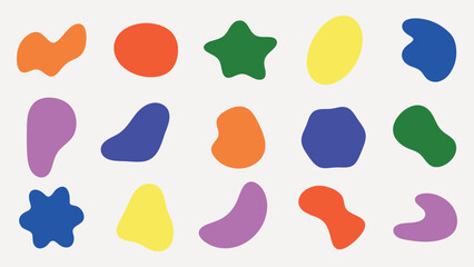 Colorful abstract shapes in various forms and bright colors. Abstract shapes include stars, blobs, and ovals in vibrant hues. Playful and artistic shapes. Colorful shapes, vector element set.