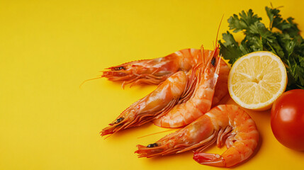 A vibrant composition of shrimp, lemon, and juicy tomatoes perfect for a colorful and flavorful dish