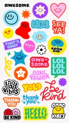 Fototapeten Colorful stickers with phrases like 'awesome', 'be kind', 'hello', and 'good vibes' Bright designs with smiley faces and positive messages Funky stickers, vector set © Rawpixel.com
