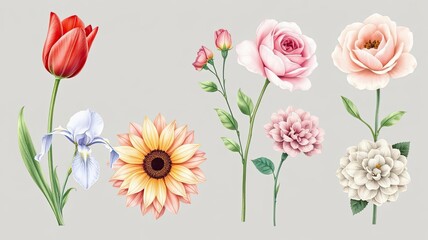 Obraz premium Beautiful Spring Flowers Tulips Roses Sunflowers Irises Dahlias