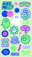 Colorful stickers with smiley faces, vibrant colors, and playful designs Stickers say 'Kiss Me,' 'Stay Cool,' 'Good Vibes,' and 'No Bad Vibes' Fun and cheerful stickers Funky stickers, vector set