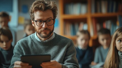 Engaging Teacher Using Tablet with Students in a Classroom Environment