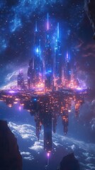 Fototapeta premium Craft a sci-fi cityscape using photorealistic digital techniques, depicting a future city floating in space with neon blue and violet lights, emitting an ethereal energy force