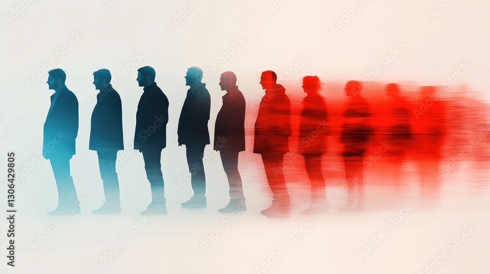 Poster silhouettes in motion with a colorful gradient background.