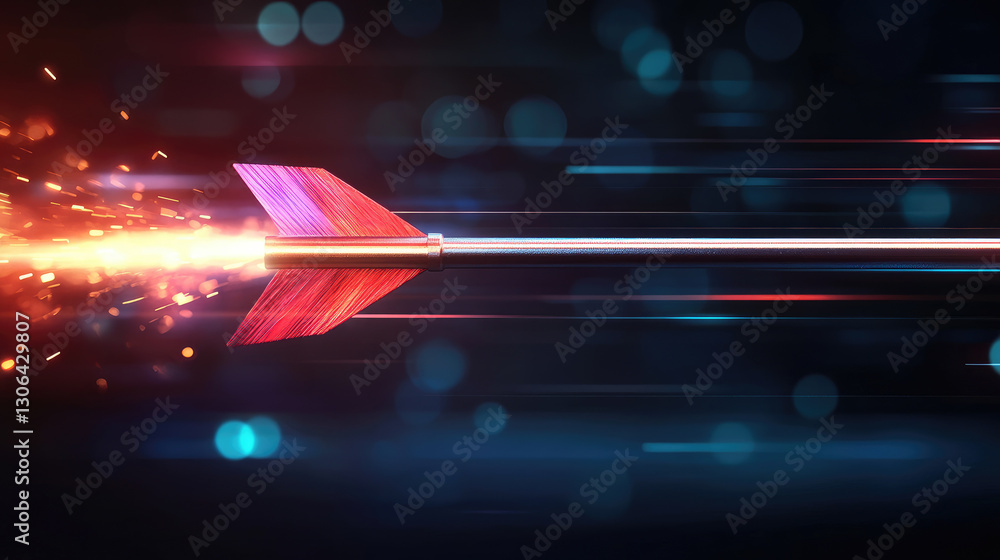 Poster dynamic motion blurred arrow targeting a bright red goal in a business landscape symbolizing speed p