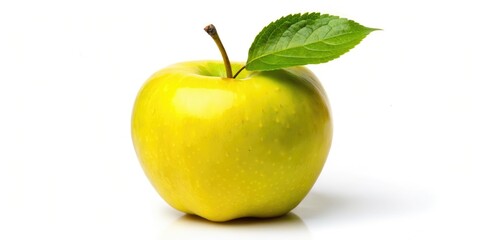 Glossy Yellow Apple with Green Leaf, Isolated White Background Stock Photo, High-Resolution Image, Food Photography