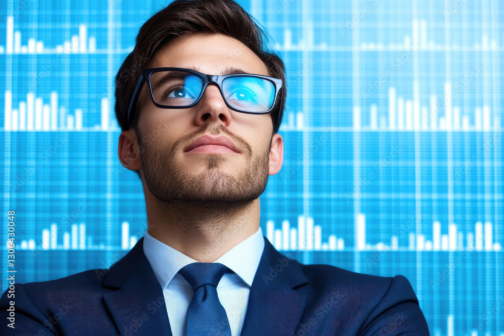 Poster innovative professional strategist developing economic growth concepts indoors utilizing futuristic 