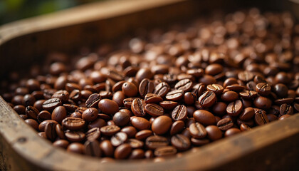 Freshly roasted coffee beans cooling in wooden tray, artisanal brew