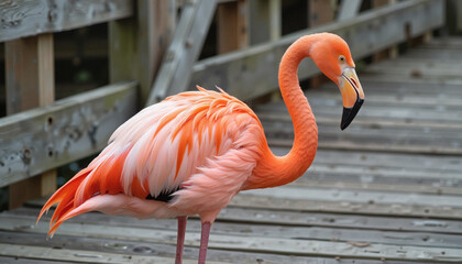 Obraz premium Flamingo standing by old wooden pier, vibrant tropical aesthetic