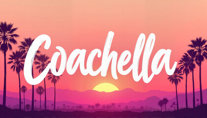 Tropical Coachella banner with palm trees at sunset, festival vibes