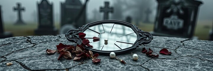 Broken Mirror Cemetery Rose Petals Pearls Grief Loss Still Life Photography