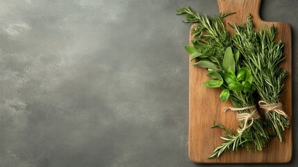 Freshly harvested herbs arranged on a wooden cutting board against a textured gray background