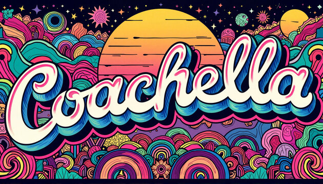 Psychedelic Coachella banner with cosmic patterns, festival vibes