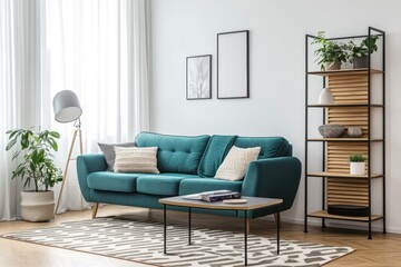 Fototapeta premium Stylish Living Room with Teal Sofa, Shelving Unit, and Modern Decor