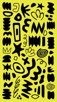 Abstract black shapes on a vibrant yellow background. The design features bold, wavy, and geometric patterns. Abstract and geometric elements dominate. Funky shapes vector set.