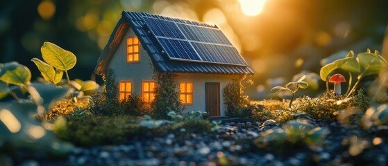 Miniature house with solar panels in a lush garden at sunset, showcasing sustainable living and renewable energy concept