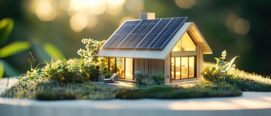Sustainable living concept: Miniature house with solar panels in a lush green garden, showcasing ecofriendly home design and renewable energy