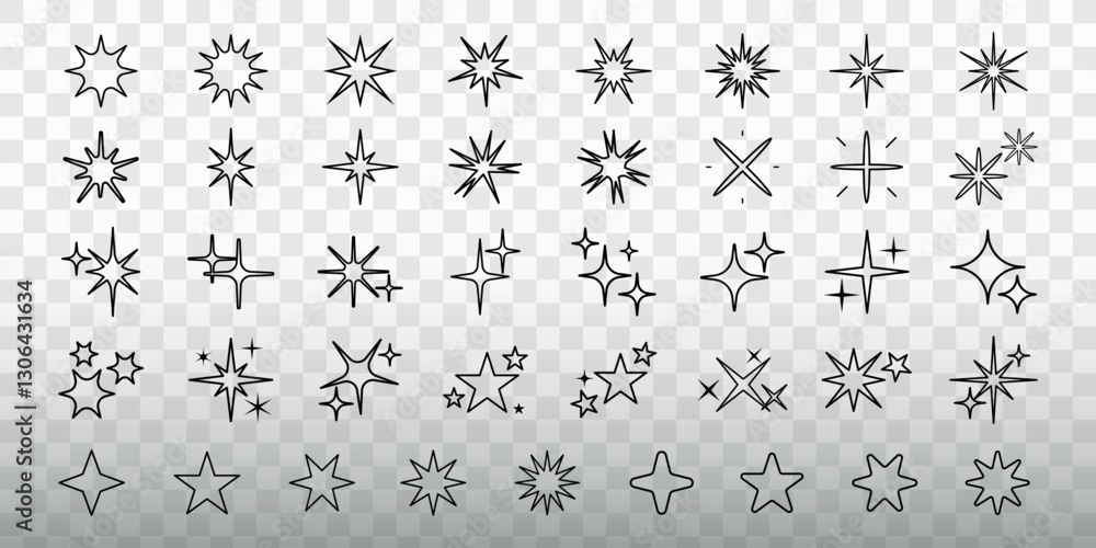 Poster set of star and sparkle icons on transparent background. various star shapes and sparkle designs. id